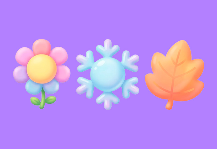 Ilustração de um sol, uma flor, um floco de neve e uma folha de outono